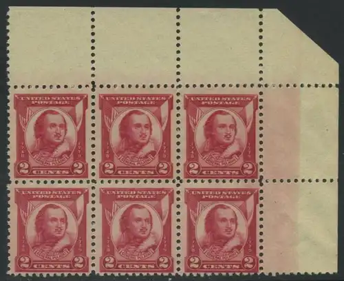 USA Michel 0331 / Scott 0690 postfrisch horiz.BLOCK(6) ECKRAND oben rechts (a1) - 150. Todestag von General Casimir Pulaski