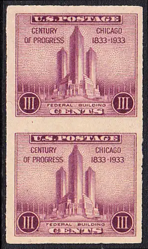 USA Michel 0356A / Scott 0731a postfrisch vert.PAAR (a1) - Weltausstellung in Chicago, 100 Jahre Stadt Chicago: Verwaltungsgebäude der Ausstellung 