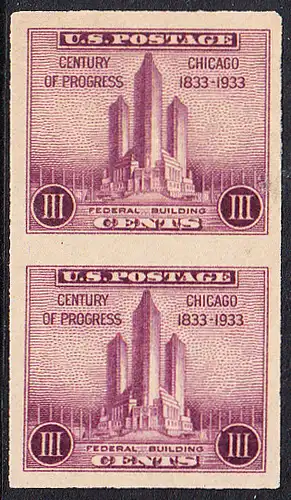 USA Michel 0356A / Scott 0731a postfrisch vert.PAAR (a2) - Weltausstellung in Chicago, 100 Jahre Stadt Chicago: Verwaltungsgebäude der Ausstellung