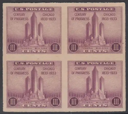 USA Michel 0356A / Scott 0731a postfrisch BLOCK - Weltausstellung in Chicago, 100 Jahre Stadt Chicago: Verwaltungsgebäude der Ausstellung