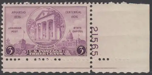 USA Michel 0387 / Scott 0782 postfrisch EINZELMARKE ECKRAND unten rechts m/Platten-# 21565 - 100 Jahre Staat Arkansas: „Arkansas Post“, altes und neues Regierungsgebäude in Little Rock, AK