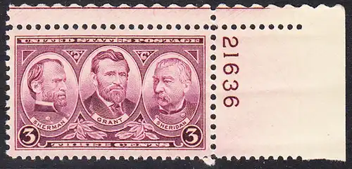USA Michel 0392 / Scott 0787 mit Falzrest EINZELMARKE ECKRAND oben rechts m/Platten-# 21636 - Land- und Seestreitkräfte: General William T. Sherman, General Ulysses S. Grant, General Philip H. Sheridan