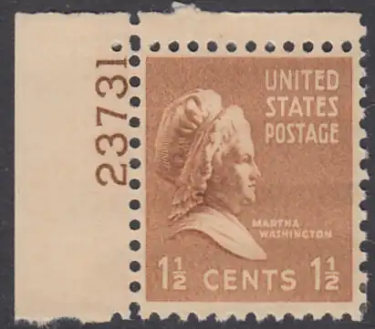 USA Michel 0412 / Scott 0805 mit Falzrest EINZELMARKE ECKRAND oben links m/Platten-# 23731 - Präsidenten der USA: Martha Washington