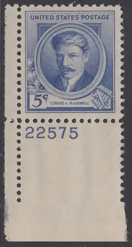 USA Michel 0478 / Scott 0882 postfrisch EINZELMARKE ECKRAND unten links m/Platten-# 22575 - Berühmte Amerikaner: Edward A. MacDowell 