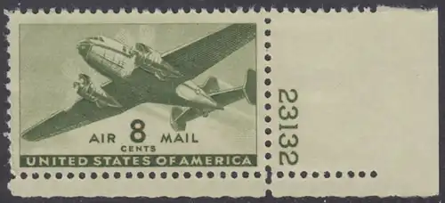 USA Michel 0501 / Scott C026 postfrisch Luftpost-EINZELMARKE ECKRAND unten rechts m/Platten-# 23132  - Zweimotoriges Postflugzeug 