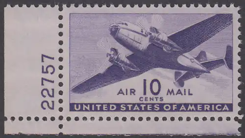 USA Michel 0502 / Scott C027 mit Falzrest Luftpost-EINZELMARKE ECKRAND unten links mit Platten-# 22757 - Zweimotoriges Postflugzeug