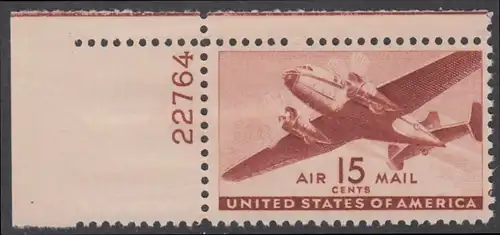 USA Michel 0503 / Scott C028 mit Falzrest Luftpost-EINZELMARKE ECKRAND oben links mit Platten-# 22764 - Zweimotoriges Postflugzeug