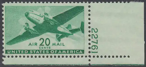 USA Michel 0504 / Scott C029 postfrisch Luftpost-EINZELMARKE ECKRAND unten rechts m/Platten-# 22761 - Zweimotoriges Postflugzeug