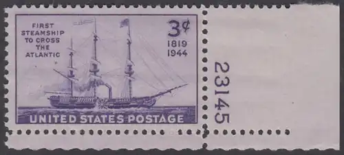 USA Michel 0526 / Scott 0923 postfrisch EINZELMARKE ECKRAND unten rechts m/Platten-# 23145 - 125. Jahrestag der ersten Atlantiküberquerung durch ein Dampfschiff: Raddampfer „Savannah“