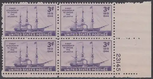 USA Michel 0526 / Scott 0923 postfrisch PLATEBLOCK Eckrand unten rechts m/Platten-# 23145 - 125. Jahrestag der ersten Atlantiküberquerung durch ein Dampfschiff: Raddampfer „Savannah“