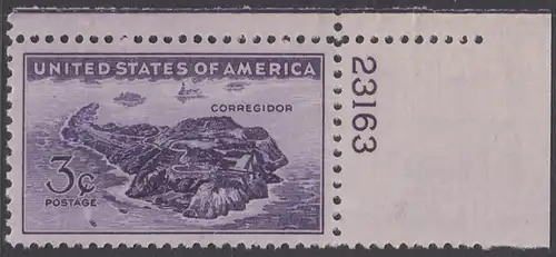 USA Michel 0528 / Scott 0925 postfrisch EINZELMARKE ECKRAND oben rechts m/Platten-# 23163 - Verteidigung der philippinischen Insel Corregidor0