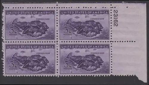 USA Michel 0528 / Scott 0925 postfrisch PLATEBLOCK ECKRAND oben rechts m/Platten-# 23162 (b) - Verteidigung der philippinischen Insel Corregidor