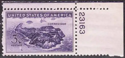 USA Michel 0528 / Scott 0925 postfrisch EINZELMARKE ECKRAND oben rechts m/Platten-# 23163 - Verteidigung der philippinischen Insel Corregidor