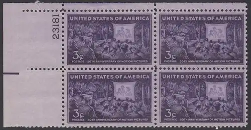 USA Michel 0531 / Scott 0926 postfrisch PLATEBLOCK ECKRAND oben links m/Platten-# 23181 (b) - 50 Jahre Kino