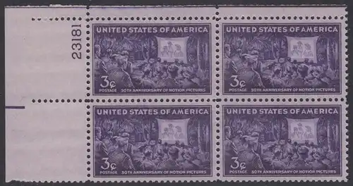 USA Michel 0531 / Scott 0926 postfrisch PLATEBLOCK ECKRAND oben links m/Platten-# 23181 (c) - 50 Jahre Kino