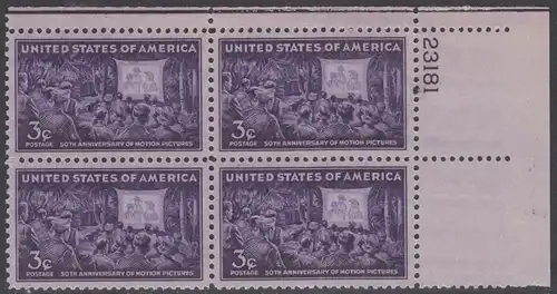 USA Michel 0531 / Scott 0926 postfrisch PLATEBLOCK ECKRAND oben rechts m/Platten-# 23181 (b) - 50 Jahre Kino