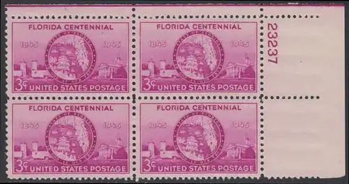 USA Michel 0532 / Scott 0927 postfrisch PLATEBLOCK ECKRAND oben rechts m/Platten-# 23237 - 100 Jahre Staat Florida: Tor von St. Augustine, Staatssiegel, Regierungsgebäude in Tallahassee, FL 