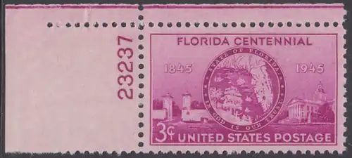 USA Michel 0532 / Scott 0927 postfrisch EINZELMARKE ECKRAND oben links m/Platten-# 23237 - 100 Jahre Staat Florida: Tor von St. Augustine, Staatssiegel, Regierungsgebäude in Tallahassee, FL