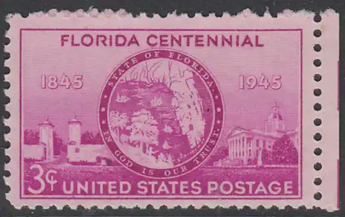 USA Michel 0532 / Scott 0927 postfrisch EINZELMARKE RAND rechts (a1) - 100 Jahre Staat Florida: Tor von St. Augustine, Staatssiegel, Regierungsgebäude in Tallahassee, FL