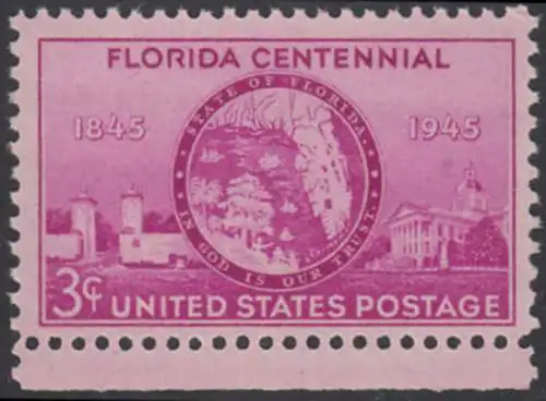 USA Michel 0532 / Scott 0927 postfrisch EINZELMARKE RAND unten (a1) - 100 Jahre Staat Florida: Tor von St. Augustine, Staatssiegel, Regierungsgebäude in Tallahassee, FL