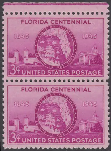 USA Michel 0532 / Scott 0927 postfrisch vert.PAAR RAND oben - 100 Jahre Staat Florida: Tor von St. Augustine, Staatssiegel, Regierungsgebäude in Tallahassee, FL