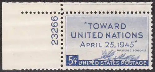 USA Michel 0533 / Scott 0928 EINZELMARKE ECKRAND oben links m/Platten-# 23266 - UN-Konferenz in San Francisco