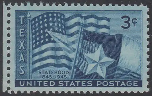 USA Michel 0543 / Scott 0938 postfrisch EINZELMARKE RAND links - 100 Jahre Staat Texas: Flaggen der USA und des Staates Texas