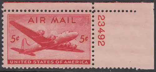 USA Michel 0549 / Scott C032 postfrisch Luftpost-EINZELMARKE ECKRAND oben rechts m/Platten-# 23492 - Douglas DC-4 Skymaster