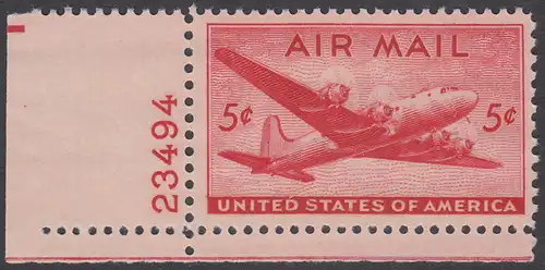 USA Michel 0549 / Scott C032 postfrisch Luftpost-EINZELMARKE ECKRAND unten links m/Platten-# 23494 - Douglas DC-4 Skymaster