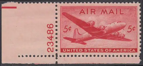 USA Michel 0549 / Scott C032 postfrisch Luftpost-EINZELMARKE ECKRAND unten links m/Platten-# 23486 - Douglas DC-4 Skymaster