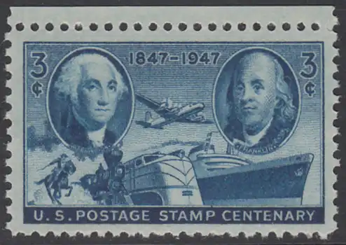 USA Michel 0555 / Scott 0947 postfrisch EINZELMARKE RAND oben - 100 Jahre Briefmarken der USA: George Washington, Benjamin Franklin, Verkehrsmittel zur Postbeförderung