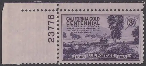 USA Michel 0566 / Scott 0954 postfrisch EINZELMARKE ECKRAND oben links m/Platten-# 23776 - 100. Jahrestag der Goldfunde in Kalifornien: Sutters Mühle, Coloma, die Stätte des ersten Goldfundes