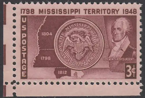 USA Michel 0567 / Scott 0955 postfrisch EINZELMARKE ECKRAND unten links - 150 Jahre Mississippi-Territorium: Siegel, Landkarte, Gov. Winthrop Sargent