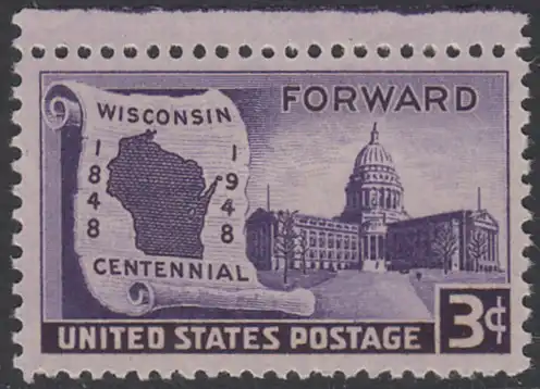 USA Michel 0569 / Scott 0957 postfrisch EINZELMARKE RAND oben - 100 Jahre Staat Wisconsin: Landkarte von Wisconsin, Regierungsgebäude in Madison
