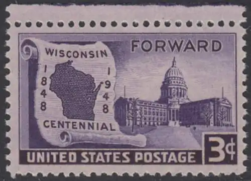 USA Michel 0569 / Scott 0957 postfrisch EINZELMARKE RAND oben (a1) - 100 Jahre Staat Wisconsin: Landkarte von Wisconsin, Regierungsgebäude in Madison
