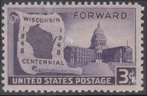USA Michel 0569 / Scott 0957 postfrisch EINZELMARKE - 100 Jahre Staat Wisconsin: Landkarte von Wisconsin, Regierungsgebäude in Madison