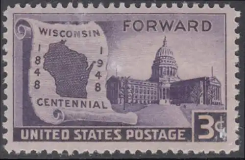 USA Michel 0569 / Scott 0957 postfrisch EINZELMARKE (a1) - 100 Jahre Staat Wisconsin: Landkarte von Wisconsin, Regierungsgebäude in Madison