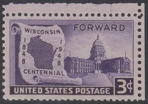 USA Michel 0569 / Scott 0957 postfrisch EINZELMARKE ECKRAND oben rechts - 100 Jahre Staat Wisconsin: Landkarte von Wisconsin, Regierungsgebäude in Madison