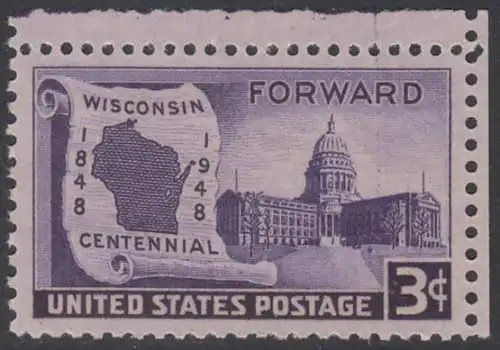 USA Michel 0569 / Scott 0957 postfrisch EINZELMARKE ECKRAND oben rechts (a1) - 100 Jahre Staat Wisconsin: Landkarte von Wisconsin, Regierungsgebäude in Madison