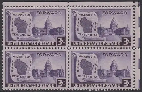 USA Michel 0569 / Scott 0957 postfrisch BLOCK ECKRAND oben rechts - 100 Jahre Staat Wisconsin: Landkarte von Wisconsin, Regierungsgebäude in Madison