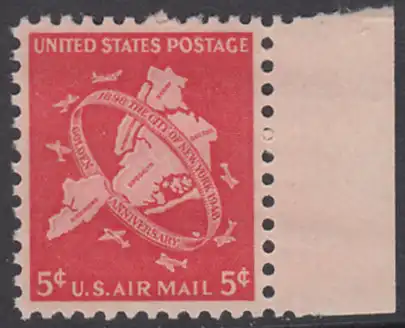 USA Michel 0572 / Scott C038 postfrisch Luftpost-EINZELMARKE RAND rechts - 50 Jahre Groß-New-York: Karte der 5 Verwaltungsbezirke von Groß-New-York