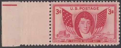 USA Michel 0575 / Scott 0962 postfrisch EINZELMARKE RAND links - Francis Scott Key, Dichter, Verfasser der Nationalhymne; Flaggen von 1814 und 1948