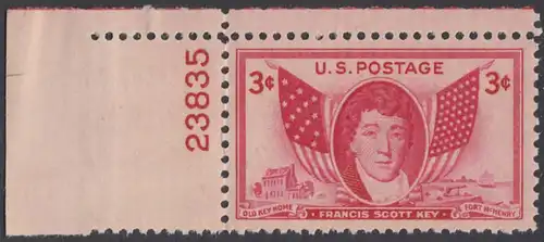 USA Michel 0575 / Scott 0962 postfrisch EINZELMARKE ECKRAND oben links m/Platten-# 23835 - Francis Scott Key, Dichter, Verfasser der Nationalhymne; Flaggen von 1814 und 1948