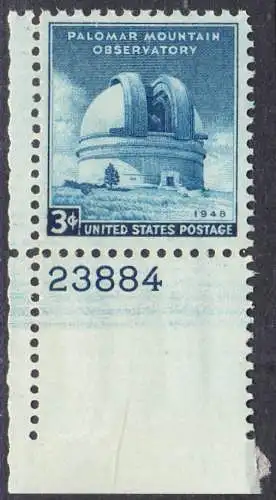 USA Michel 0579 / Scott 0966 postfrisch EINZELMARKE ECKRAND unten links m/Platten-# 23884 - Errichtung des Mt.-Palomar-Observatoriums, Kalifornien