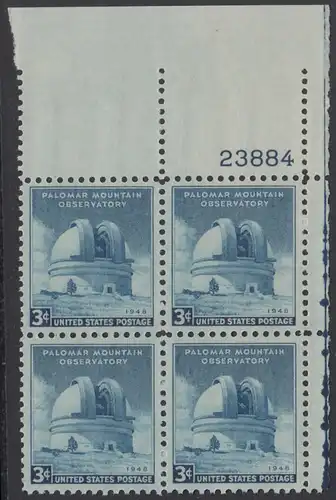 USA Michel 0579 / Scott 0966 postfrisch PLATEBLOCK ECKRAND oben rechts m/Platten-# 23884 - Errichtung des Mt.-Palomar-Observatoriums, Kalifornien