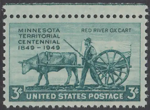 USA Michel 0594 / Scott 0981 postfrisch EINZELMARKE RAND oben - 100 Jahre Minnesota-Territorium; Pionier mit Ochsenkarren aus dem Red-River-Gebiet
