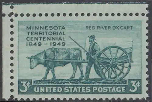 USA Michel 0594 / Scott 0981 postfrisch EINZELMARKE ECKRAND oben links - 100 Jahre Minnesota-Territorium; Pionier mit Ochsenkarren aus dem Red-River-Gebiet