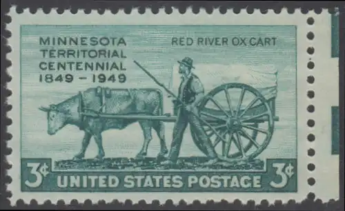 USA Michel 0594 / Scott 0981 postfrisch EINZELMARKE RAND rechts (a1) - 100 Jahre Minnesota-Territorium; Pionier mit Ochsenkarren aus dem Red-River-Gebiet
