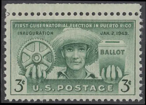 USA Michel 0596 / Scott 0983 postfrisch EINZELMARKE RAND oben - Erste Regierungswahlen in Puerto Rico; Puertorikanischer Bauer mit Zahnrad und Wahlurne