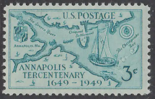 USA Michel 0598 / Scott 0984 postfrisch EINZELMARKE - 300. Jahrestag der Gründung von Annapolis, MD; James Stodderts Landkarte mit der Mündung des Severn von 1718